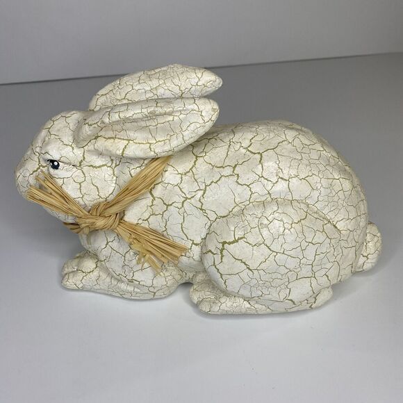 Farmhouse Easter Bunny Rabbit Figure White Antique Crackle Finish Spring Decor - Picture 5 of 12